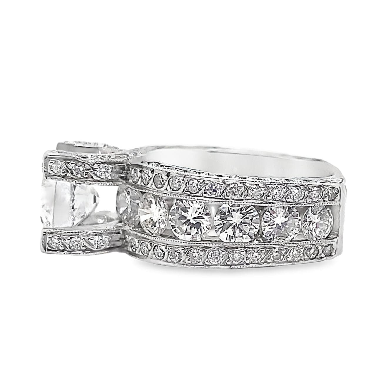 14K WHITE GOLD CZ CENTER (8 MM RBC) 3.40 CT TW NATURAL ROUND BRILLIANT DIAMOND ACCENT LUCIDA FIRE AND ICE STYLE RING