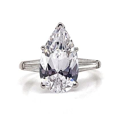 PLATINUM  CZ CENTER (14.5X8 MM PEAR) .80CT TW NATURAL BAGUETTE DIAMOND ACCENT G/VS ENGAGEMENT RING
