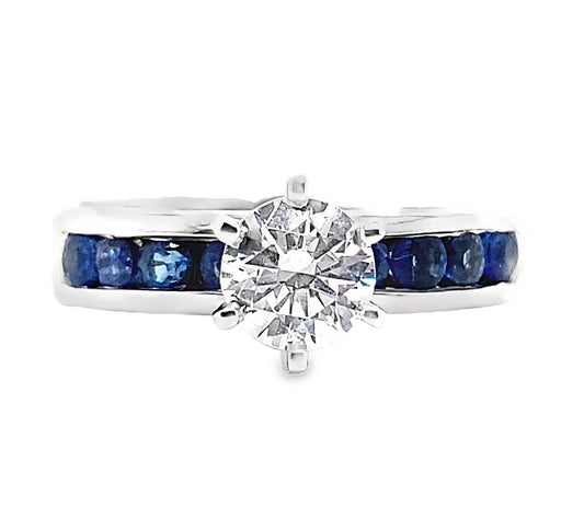 14K WHITE GOLD CZ CENTER (6.5MM) .70 CT TW NATURAL ROUND BRILLANT BLUE SAPPHIRE ACCENT CHANNEL SET RING