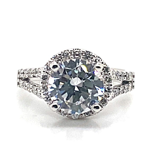 14K WHITE GOLD CZ CENTER (8 MM OVAL) .70 CT TW NATURAL ROUND BRILLIANT DIAMOND ACCENT SPLIT SHANK HALO STYLE RING