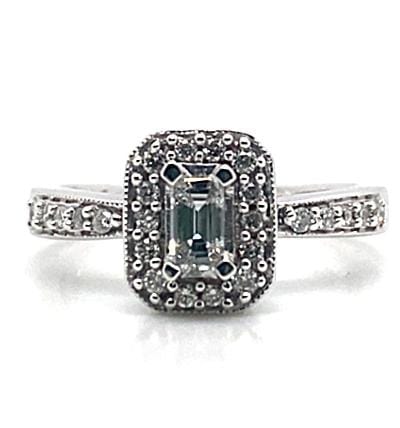 14K WHITE GOLD .33 CT EMERALD CUT H/VS NATURAL DIAMOND CENTER .35 CT TW NATURAL ROUND BRILLIANT ACCENT RING