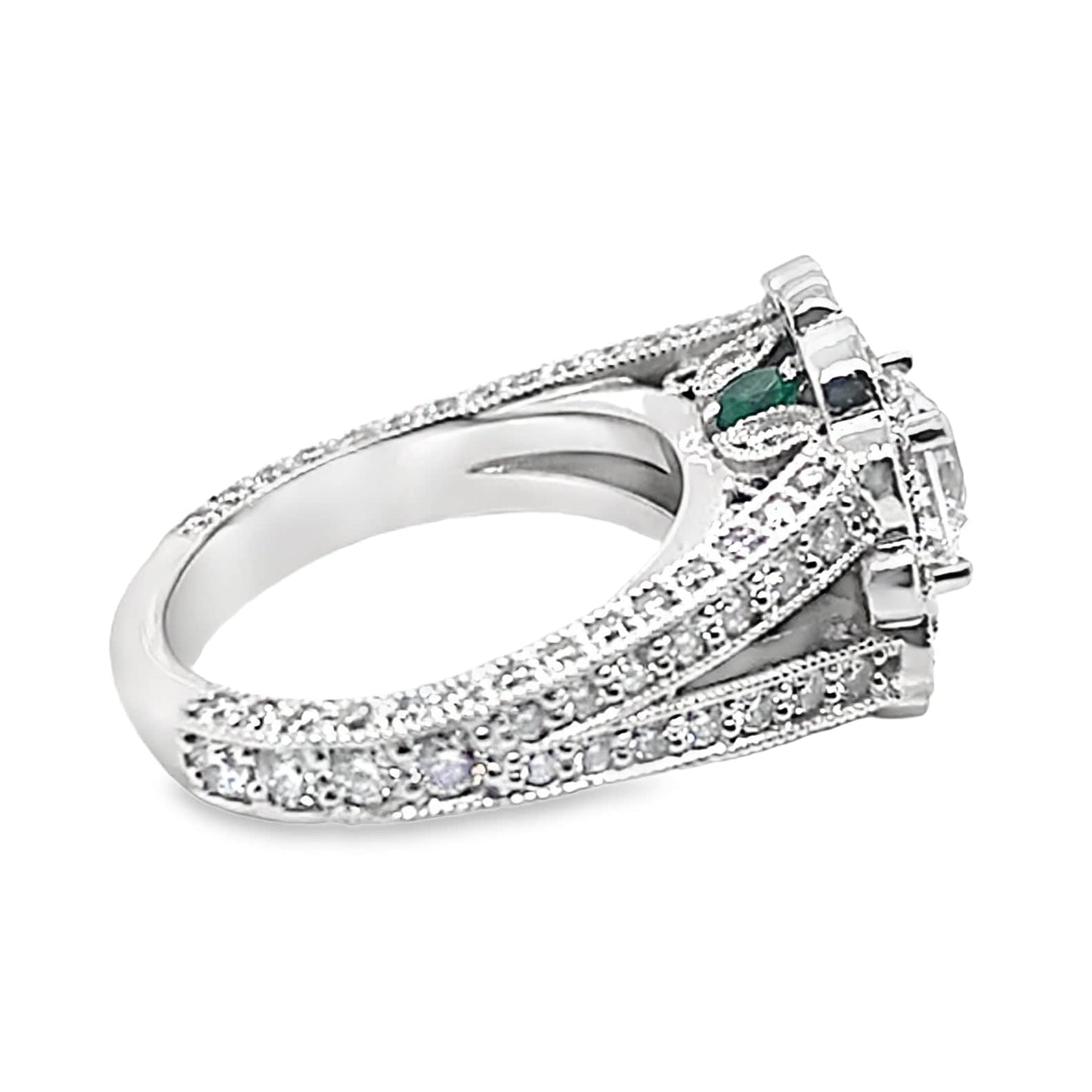 14K WHITE GOLD CZ CENTER (6MM RBC) 1.75 CT TW NATURAL ROUND BRILLIANT DIAMOND AND .25 CT TW NATURAL EMERALD ACCENT RING