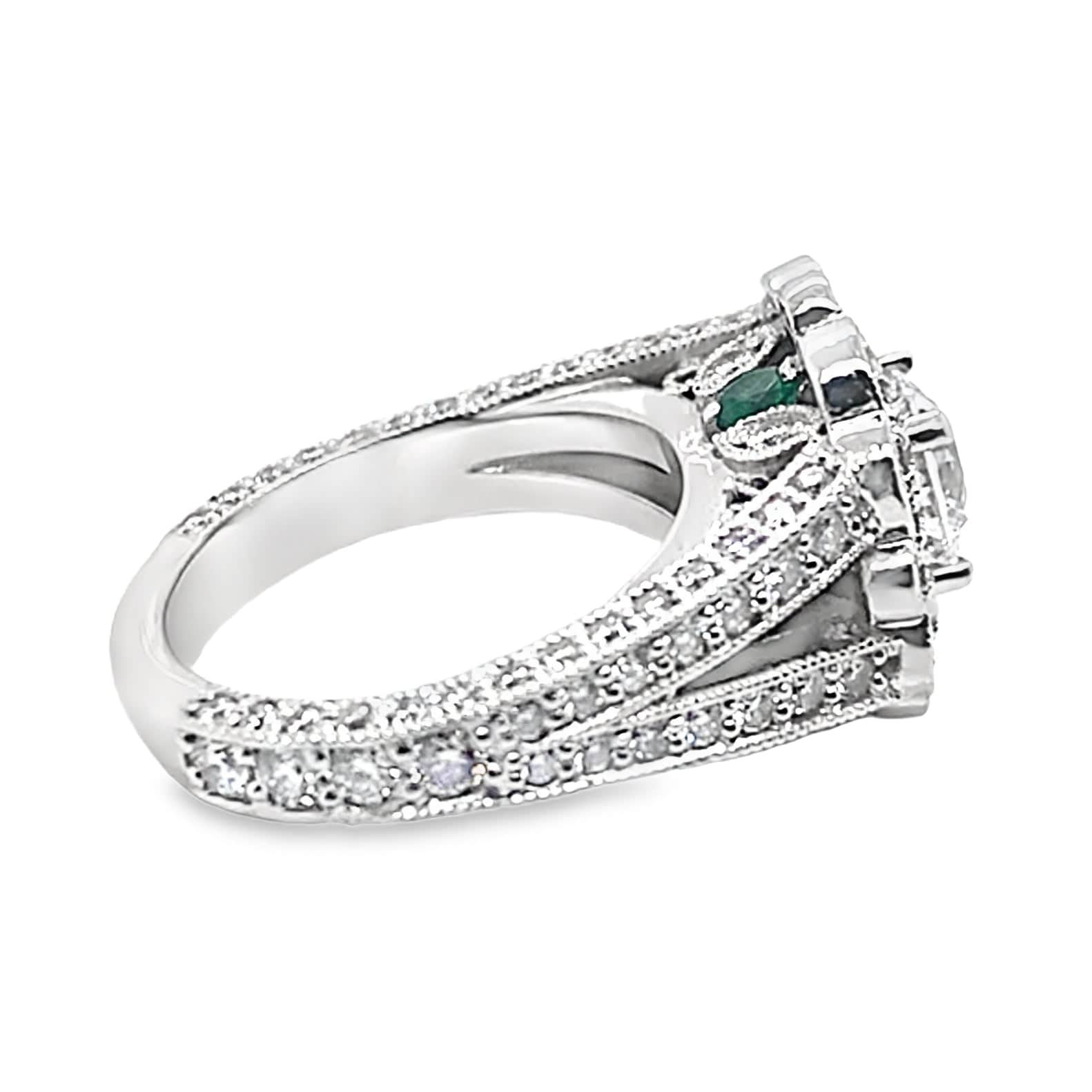 14K WHITE GOLD CZ CENTER (6MM RBC) 1.75 CT TW NATURAL ROUND BRILLIANT DIAMOND AND .25 CT TW NATURAL EMERALD ACCENT RING