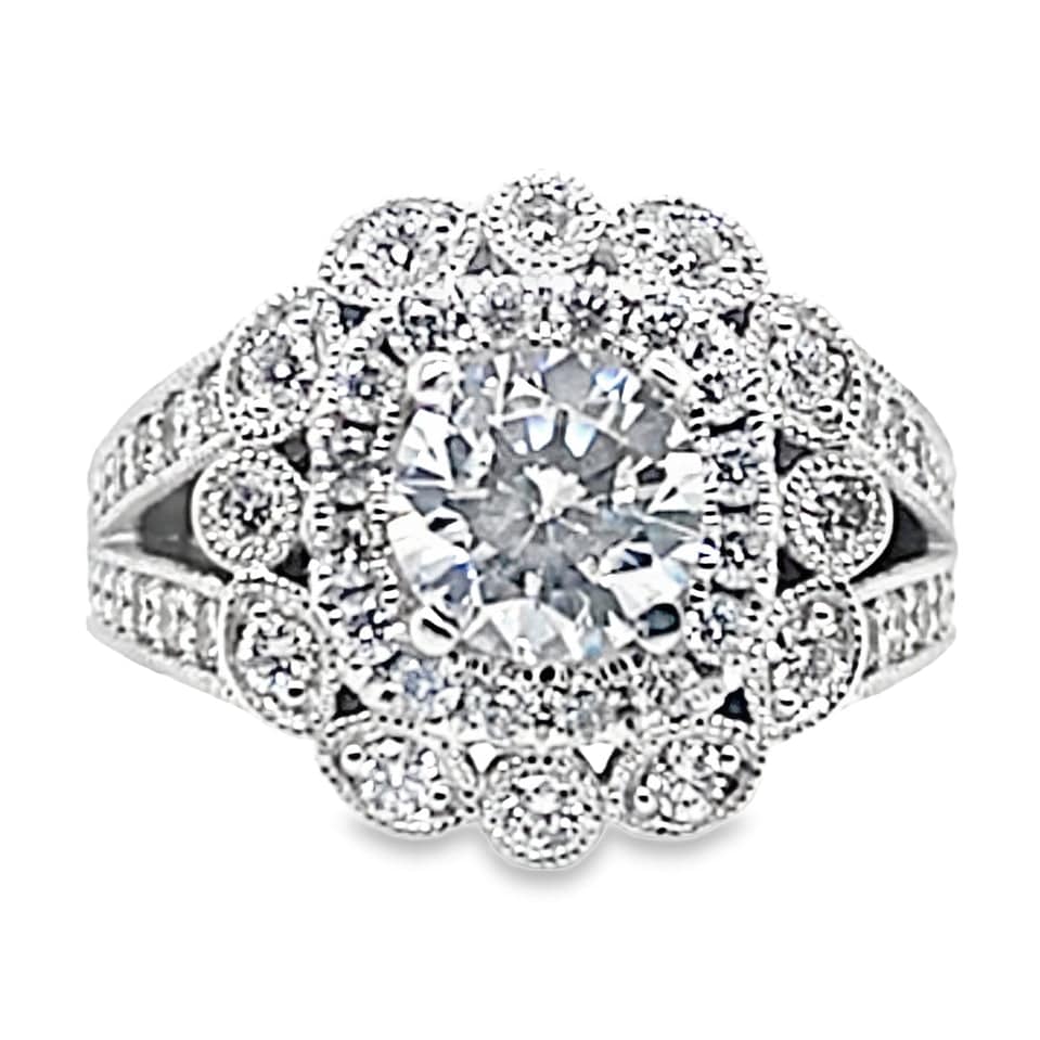 14K WHITE GOLD CZ CENTER (6MM RBC) 1.75 CT TW NATURAL ROUND BRILLIANT DIAMOND AND .25 CT TW NATURAL EMERALD ACCENT RING