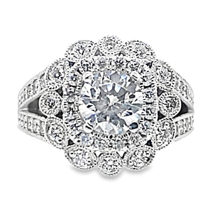 14K WHITE GOLD CZ CENTER (6MM RBC) 1.75 CT TW NATURAL ROUND BRILLIANT DIAMOND AND .25 CT TW NATURAL EMERALD ACCENT RING