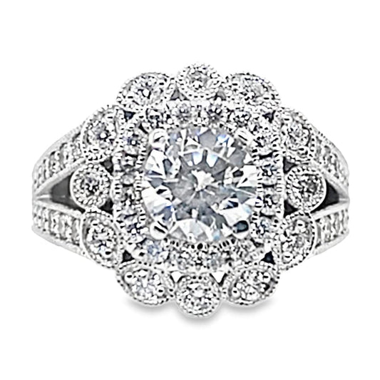 14K WHITE GOLD CZ CENTER (6MM RBC) 1.75 CT TW NATURAL ROUND BRILLIANT DIAMOND AND .25 CT TW NATURAL EMERALD ACCENT RING