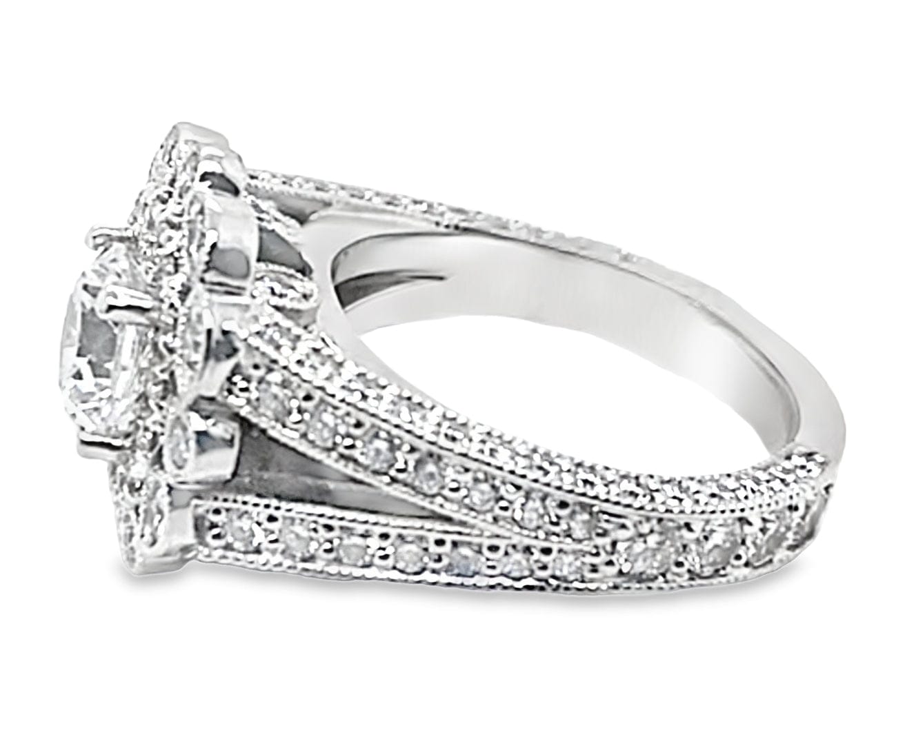 14K WHITE GOLD CZ CENTER (6MM RBC) 1.75 CT TW NATURAL ROUND BRILLIANT DIAMOND AND .25 CT TW NATURAL EMERALD ACCENT RING