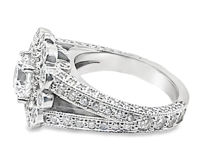14K WHITE GOLD CZ CENTER (6MM RBC) 1.75 CT TW NATURAL ROUND BRILLIANT DIAMOND AND .25 CT TW NATURAL EMERALD ACCENT RING