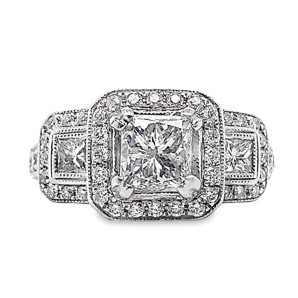 18K WHITE GOLD 1.01 CT PRINCESS CUT I1 I CENTER DIAMOND WITH .80 CT ACCENT ENGAGEMENT RING