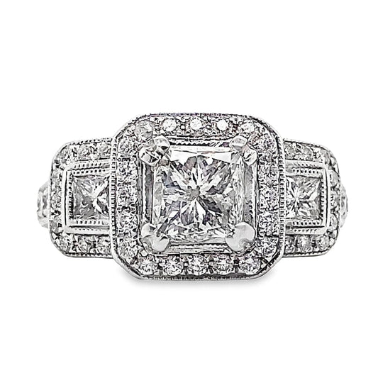18K WHITE GOLD 1.01 CT PRINCESS CUT I1 I CENTER DIAMOND WITH .80 CT ACCENT ENGAGEMENT RING