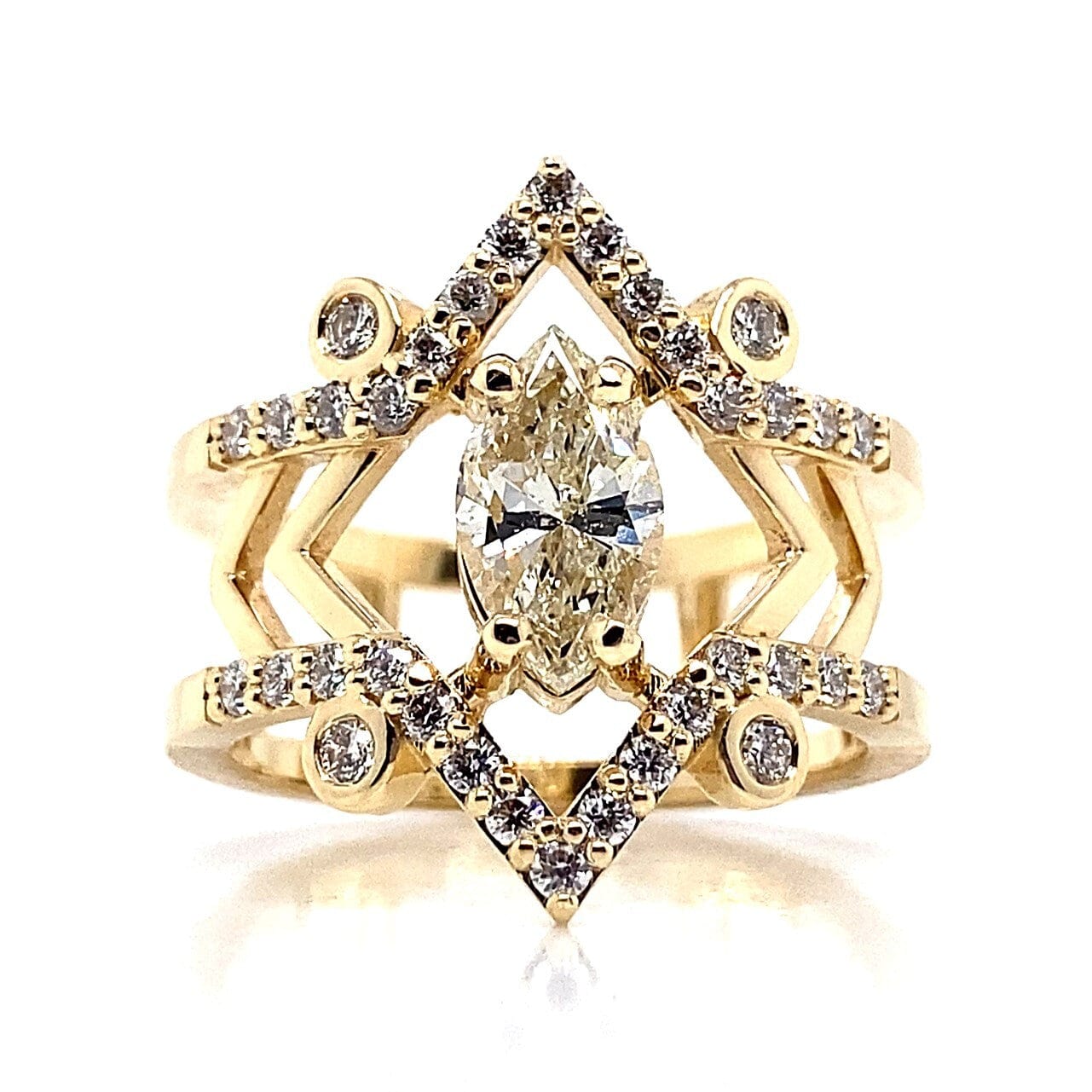 14K YELLOW GOLD 1.02 CT NATURAL MARQUISE CUT DIAMOND CENTER L/SI2 .60 CT TW ACCENT NATURAL ROUND BRILLIANT DIAMOND ACCENT FASHION RING