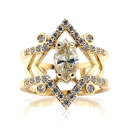 14K YELLOW GOLD 1.02 CT NATURAL MARQUISE CUT DIAMOND CENTER L/SI2 .60 CT TW ACCENT NATURAL ROUND BRILLIANT DIAMOND ACCENT FASHION RING