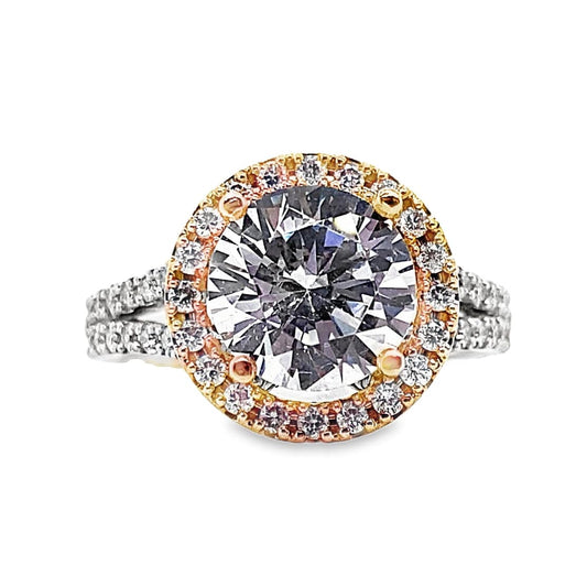 14K WHITE GOLDRING WITH ROSE GOLD HALO CZ CENTER (9MM RBC) 1.10 CT TW NATURAL ROUND BRILLIANT DIAMOND ACCENT RING