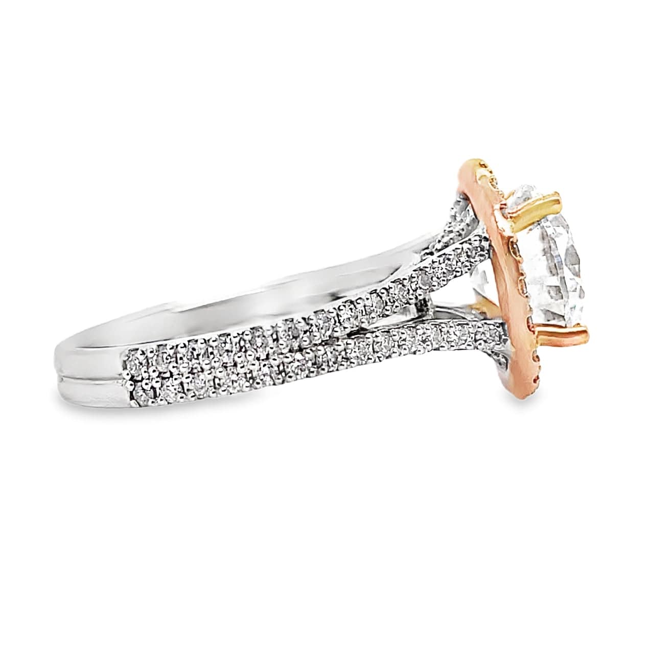 14K WHITE GOLDRING WITH ROSE GOLD HALO CZ CENTER (9MM RBC) 1.10 CT TW NATURAL ROUND BRILLIANT DIAMOND ACCENT RING