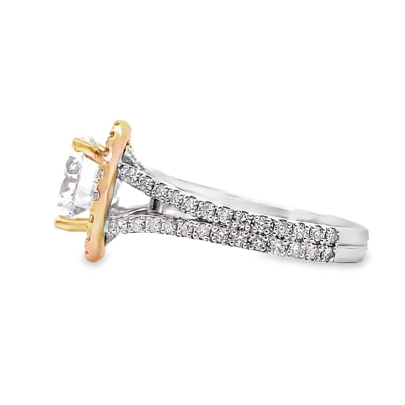 14K WHITE GOLDRING WITH ROSE GOLD HALO CZ CENTER (9MM RBC) 1.10 CT TW NATURAL ROUND BRILLIANT DIAMOND ACCENT RING