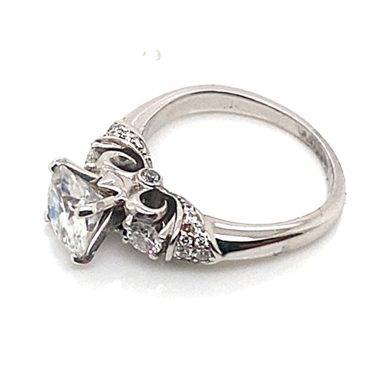 14K WHITE GOLD CZ CENTER (6.5 MM RBC) .70 CT TW NATURAL ROUND BRILLIANT DIAMOND ACCENT THREE STONE VINTAGE DESIGN ENGAGEMENT RING