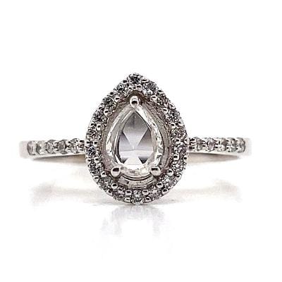 14K WHITE GOLD .23 CT PEAR ROSE CUT E-F/VS NATURAL DIAMOND CENTER .19 CT TW NATURAL ROUND BRILLIANT DIAMOND ACCENT HALO STYLE RING