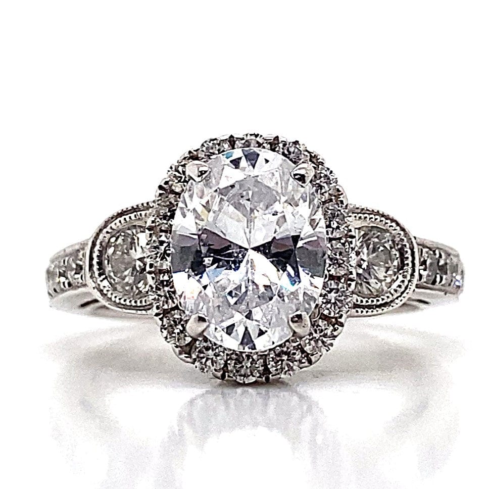 14K WHITE GOLD CZ CENTER (OVAL) .75 CT TW NATURAL ROUND BRILLANT DIAMOND ACCENT HALO DESIGN STYLE ENGAGEMENT RING