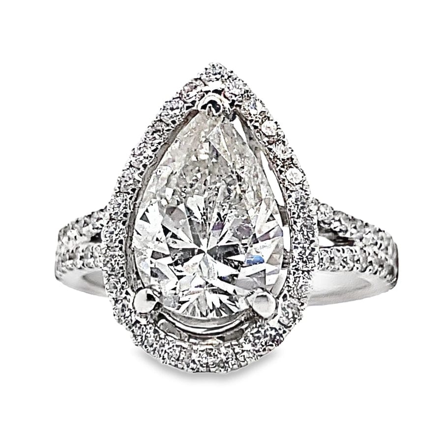 18K WHITE GOLD  2.14 CT PEAR SHAPE NATURAL DIAMOND CENTER F-G/I1  .40 CT TW NATURAL ROUND BRILLIANT DIAMOND ACCENT SPLIT SHANK HALO STYLE RING