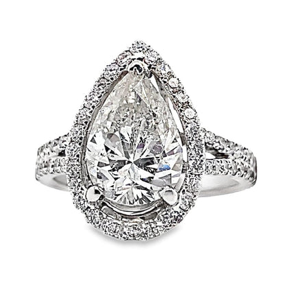18K WHITE GOLD  2.14 CT PEAR SHAPE NATURAL DIAMOND CENTER F-G/I1  .40 CT TW NATURAL ROUND BRILLIANT DIAMOND ACCENT SPLIT SHANK HALO STYLE RING