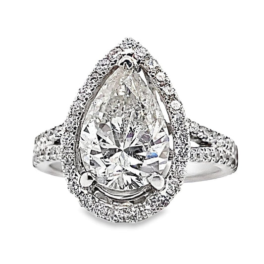 18K WHITE GOLD  2.14 CT PEAR SHAPE NATURAL DIAMOND CENTER F-G/I1  .40 CT TW NATURAL ROUND BRILLIANT DIAMOND ACCENT SPLIT SHANK HALO STYLE RING