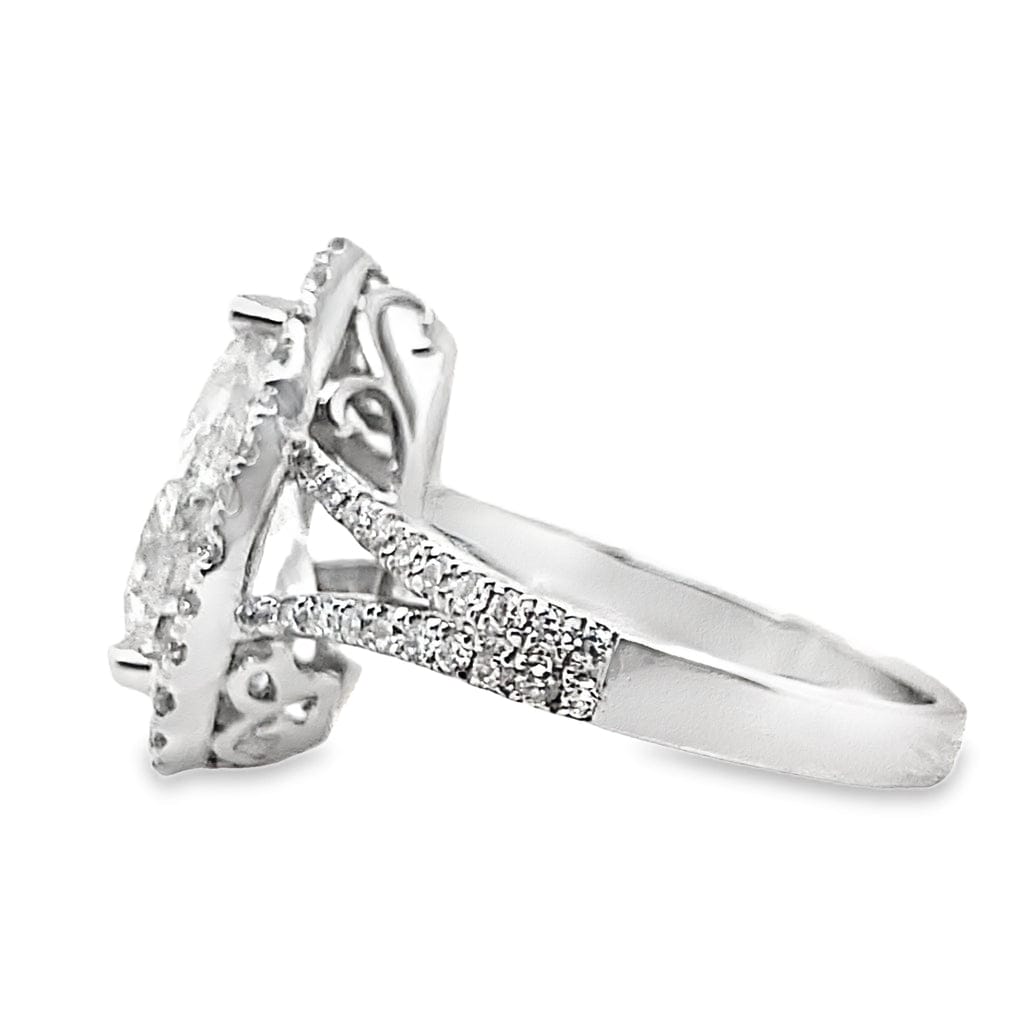18K WHITE GOLD  2.14 CT PEAR SHAPE NATURAL DIAMOND CENTER F-G/I1  .40 CT TW NATURAL ROUND BRILLIANT DIAMOND ACCENT SPLIT SHANK HALO STYLE RING