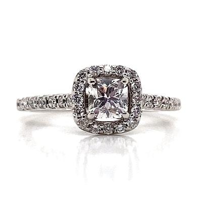 14 K WHITE GOLD .55 CT RADIANT H/VS2 NATURAL DIAMOND CENTER .35 CT TW ROUND BRILLIANT DIAMOND ACCENT CUSHION HALO STYLE RING