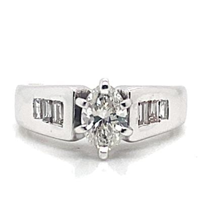 14K WHITE GOLD .40 CT MARQUISE H-I/SI NATURAL DIAMOND CENTER .25 CT TW NATURAL BAGUETTE DIAMOND ACCENT RING