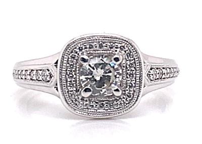 14K WHITE GOLD 1/2 CT RBC H-I/VS NATURAL DIAMOND CENTER 1/4 CT TW NATURAL ROUND BRILLIANT DIAMOND ACCENT RING