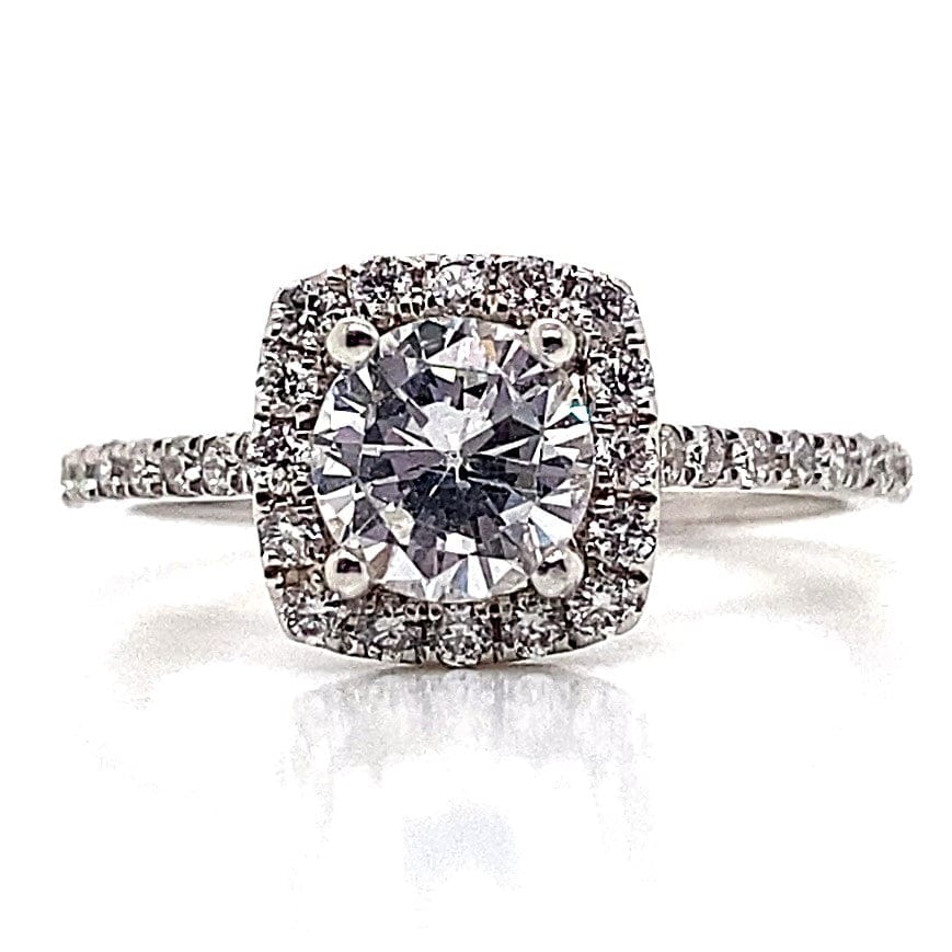 14K WHITE GOLD CZ CENTER (6.5MM RBC) .35 CT TW NATURAL ROUND BRILLIANT ACCENT CUSHION HALO STYLE RING