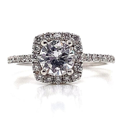 14K WHITE GOLD CZ CENTER (6.5MM RBC) .35 CT TW NATURAL ROUND BRILLIANT ACCENT CUSHION HALO STYLE RING