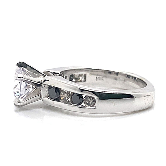 14K WHITE GOLD CZ CENTER (7 MM RBC) .50 CT TW NATURAL WHITE DIAMOND AND .70 NATURAL BLACK DIAMOND ACCENT CHANNEL SET STYLE RING