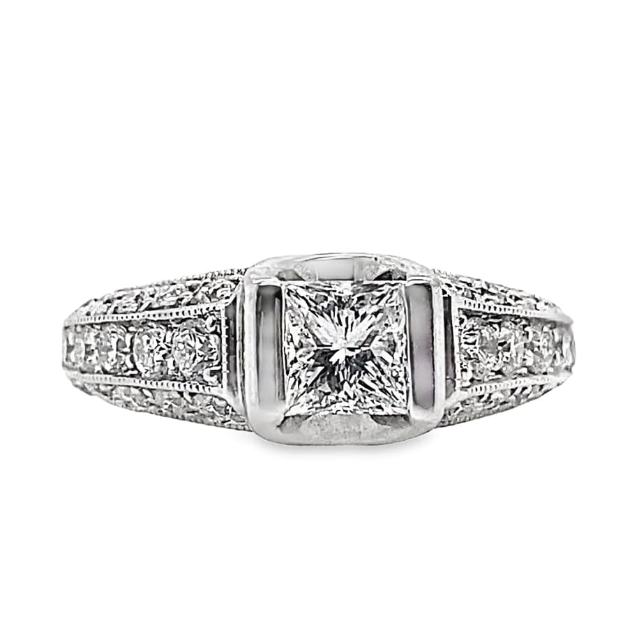 14K WHITE GOLD PRINCESS CUT .51 CT H-I/VS2 NATURAL DIAMOND CENTER 1/2 CT TW NATURAL ROUND BRILLIANT DIAMOND ACCENT RING