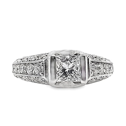 14K WHITE GOLD PRINCESS CUT .51 CT H-I/VS2 NATURAL DIAMOND CENTER 1/2 CT TW NATURAL ROUND BRILLIANT DIAMOND ACCENT RING