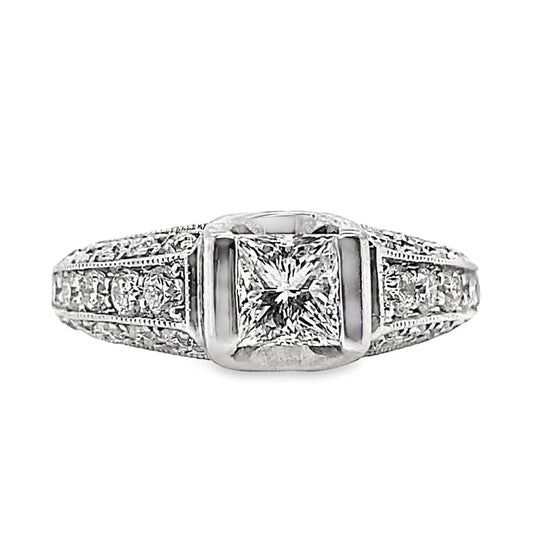 14K WHITE GOLD PRINCESS CUT .51 CT H-I/VS2 NATURAL DIAMOND CENTER 1/2 CT TW NATURAL ROUND BRILLIANT DIAMOND ACCENT RING
