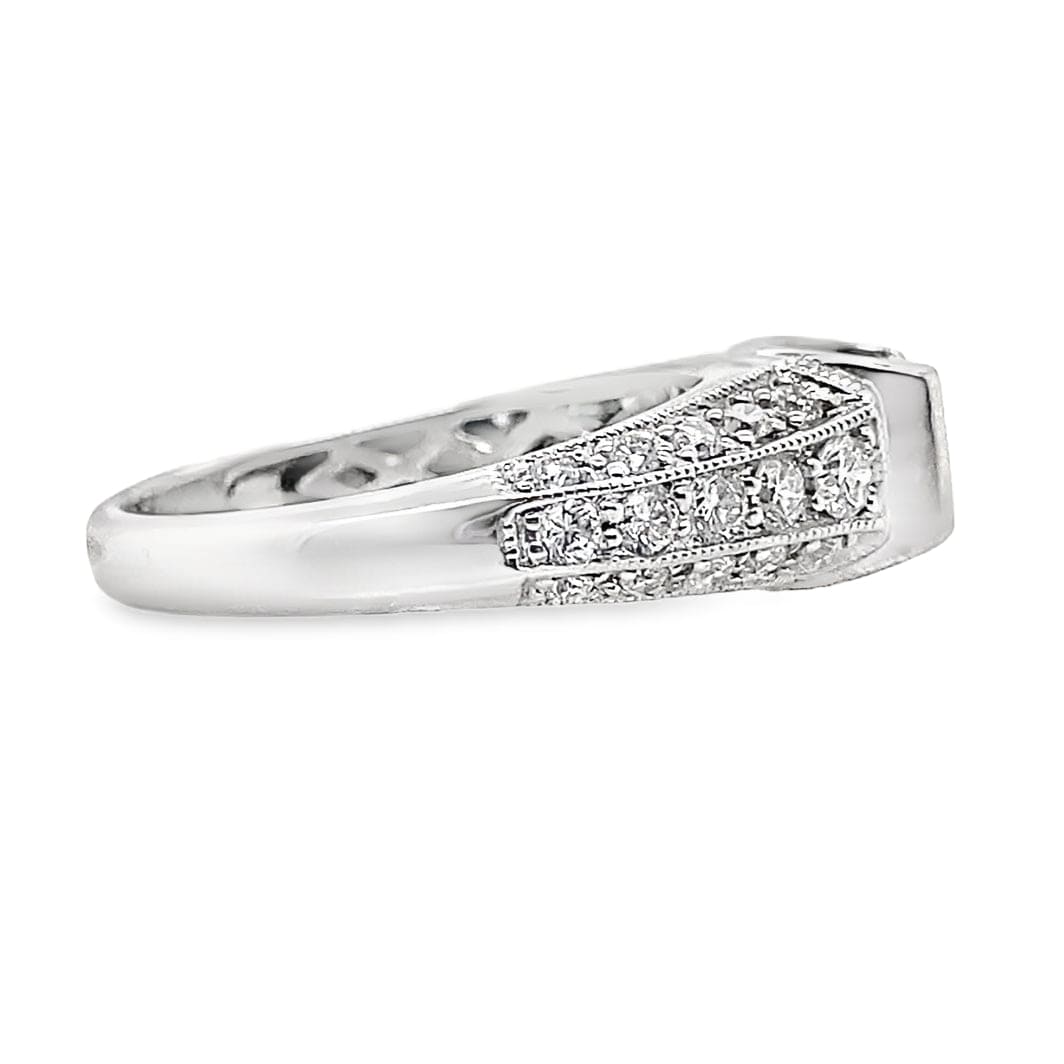 14K WHITE GOLD PRINCESS CUT .51 CT H-I/VS2 NATURAL DIAMOND CENTER 1/2 CT TW NATURAL ROUND BRILLIANT DIAMOND ACCENT RING