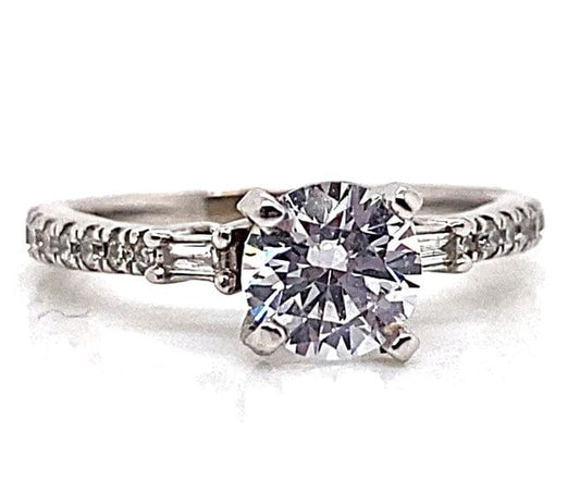 14K WHITE GOLD CZ CENTER (6.5MM RBC) .40 CT TW NATURAL BAGUETTE AND ROUND BRILLIANT DIAMOND ACCENT RING