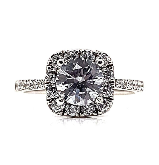 18K WHITE GOLD CZ CENTER (6.5 MM RBC) .59 CT TW NATURAL ROUND BRILLIANT DIAMOND ACCENT CUSHION HALO STYLE ENGAGEMENT RING