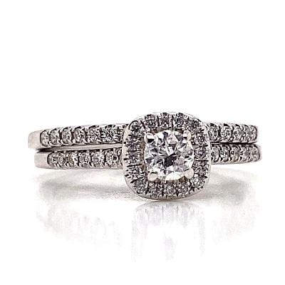 14K WHITE GOLD .25CT G/VS2 NATURAL CENTER DIAMOND .50CT NATURAL ACCENT DIAMOND CUSHION HALO STYLE WEDDING RING SET