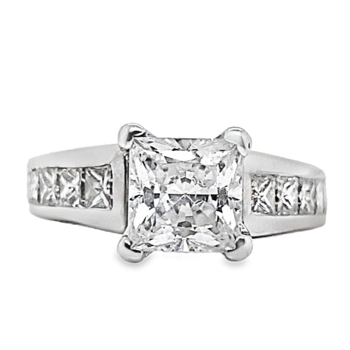 14K WHITE GOLD CZ CENTER (6.5 MM PRINCESS) 1.60 CT TW NATURAL PRINCESS DIAMOND ACCENT CHANNEL SET CATHEDRAL STYLE RING