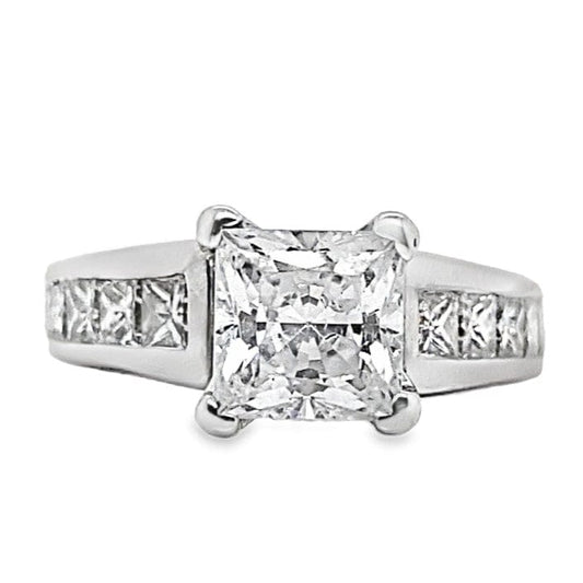 14K WHITE GOLD CZ CENTER (6.5 MM PRINCESS) 1.60 CT TW NATURAL PRINCESS DIAMOND ACCENT CHANNEL SET CATHEDRAL STYLE RING