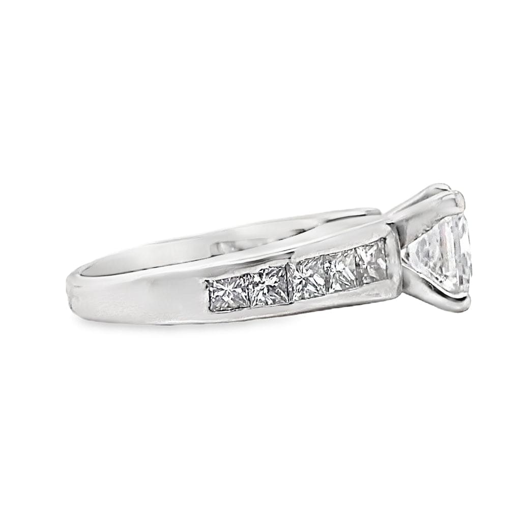 14K WHITE GOLD CZ CENTER (6.5 MM PRINCESS) 1.60 CT TW NATURAL PRINCESS DIAMOND ACCENT CHANNEL SET CATHEDRAL STYLE RING