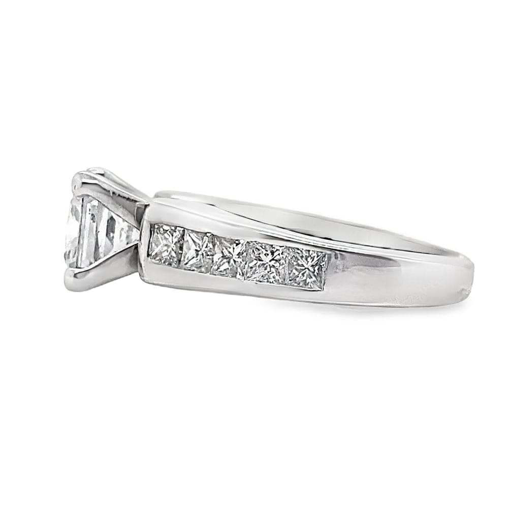 14K WHITE GOLD CZ CENTER (6.5 MM PRINCESS) 1.60 CT TW NATURAL PRINCESS DIAMOND ACCENT CHANNEL SET CATHEDRAL STYLE RING
