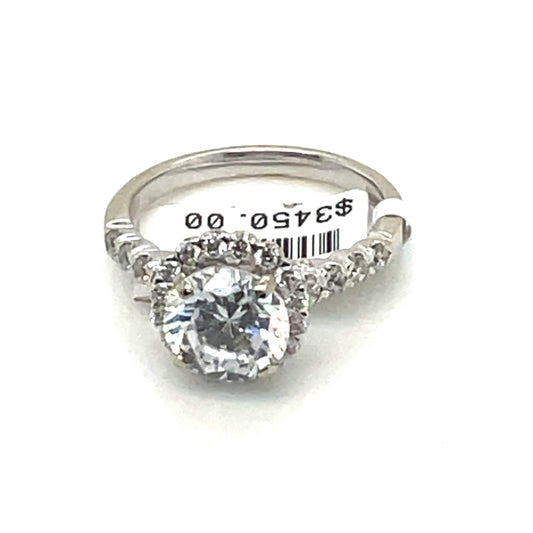 14K WHITE GOLD CZ CENTER(8MM RBC) .70 CT TW NATURAL ROUND BRILLIANT DIAMOND ACCENT ROUND HALO STYLE RING