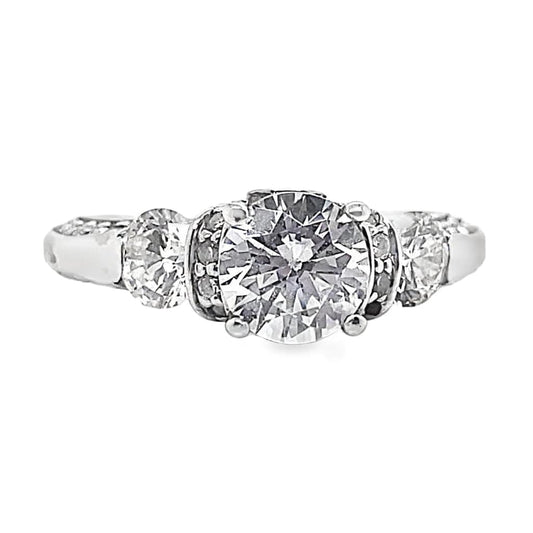 14K WHITE GOLD CZ CENTER (7 MM RBC) 1.40 CT TW NATURAL ROUND BRILLIANT DIAMOND ACCENT THREE STONE PAVE STYLE ENGAGEMENT RING