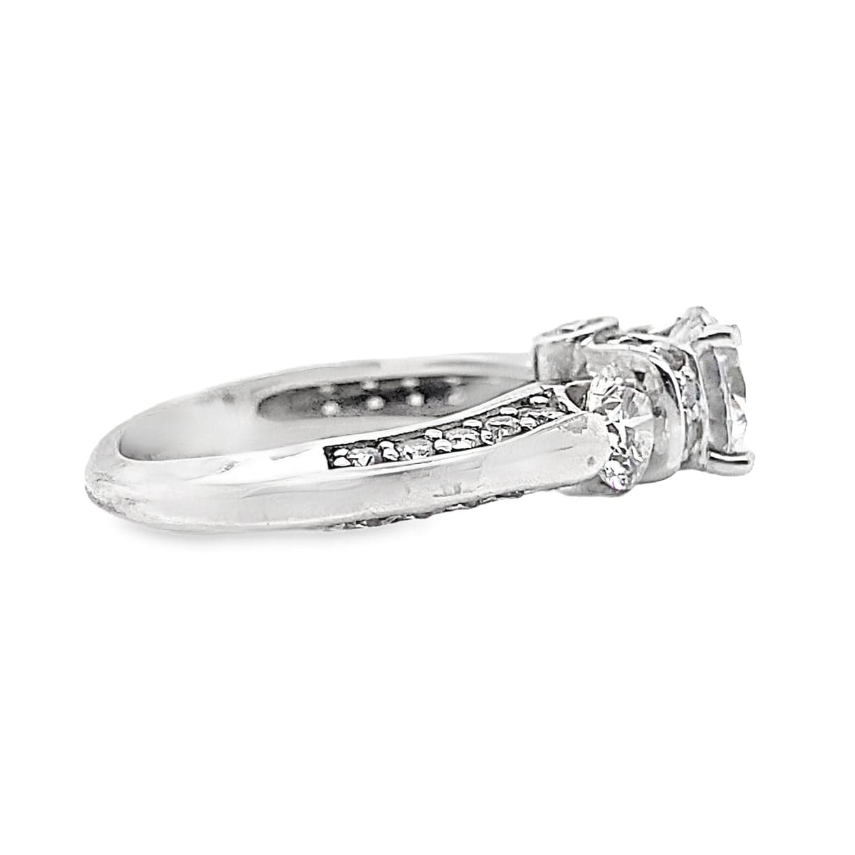 14K WHITE GOLD CZ CENTER (7 MM RBC) 1.40 CT TW NATURAL ROUND BRILLIANT DIAMOND ACCENT THREE STONE PAVE STYLE ENGAGEMENT RING
