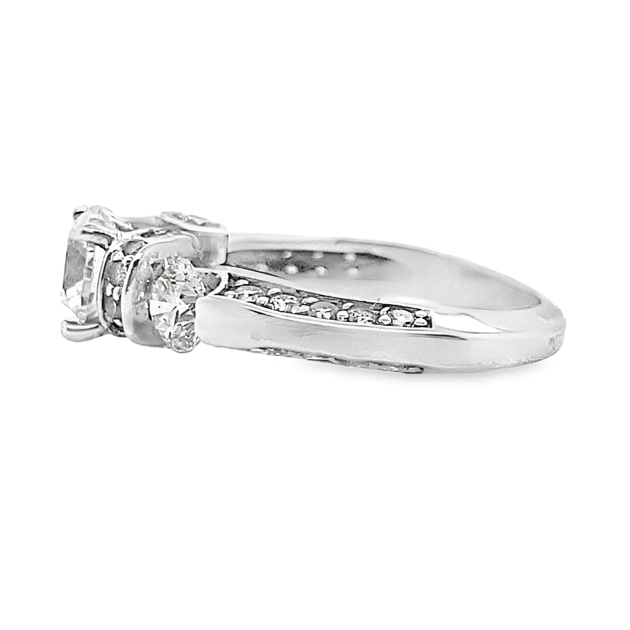 14K WHITE GOLD CZ CENTER (7 MM RBC) 1.40 CT TW NATURAL ROUND BRILLIANT DIAMOND ACCENT THREE STONE PAVE STYLE ENGAGEMENT RING