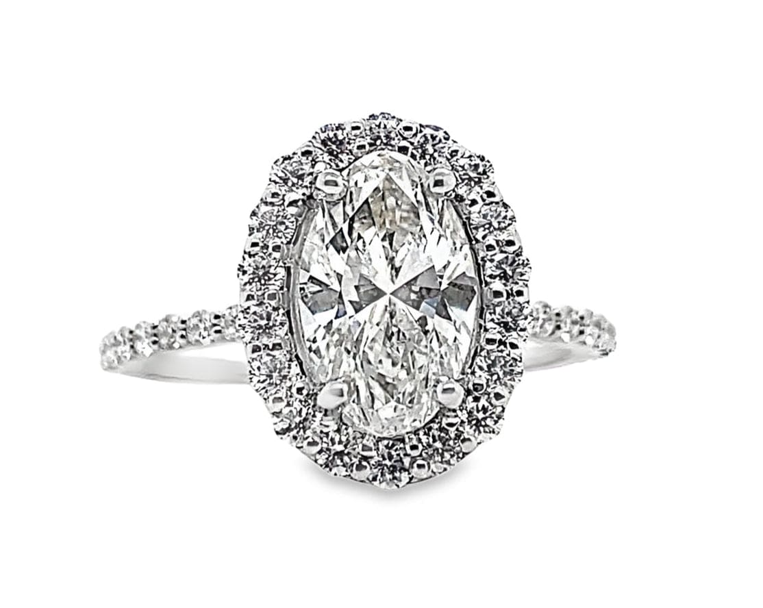 14K WHITE 1.52 CT OVAL H/SI1 NATURAL DIAMOND (E.G.L.USA CERTIFIED) 1CT TW NATURAL ROUND BRILLIANT DIAMOND HALO STYLE RING