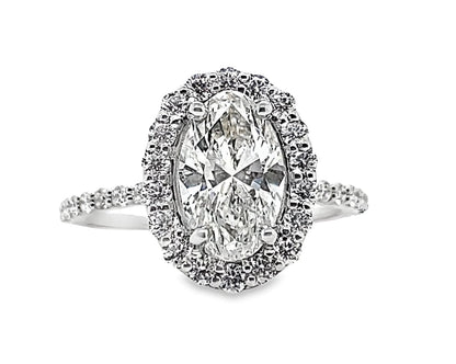 14K WHITE 1.52 CT OVAL H/SI1 NATURAL DIAMOND (E.G.L.USA CERTIFIED) 1CT TW NATURAL ROUND BRILLIANT DIAMOND HALO STYLE RING