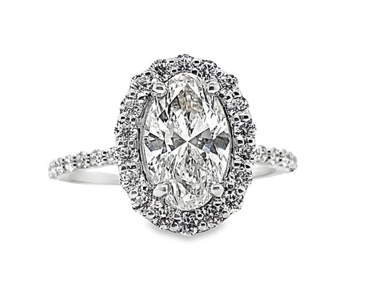 14K WHITE 1.52 CT OVAL H/SI1 NATURAL DIAMOND (E.G.L.USA CERTIFIED) 1CT TW NATURAL ROUND BRILLIANT DIAMOND HALO STYLE RING